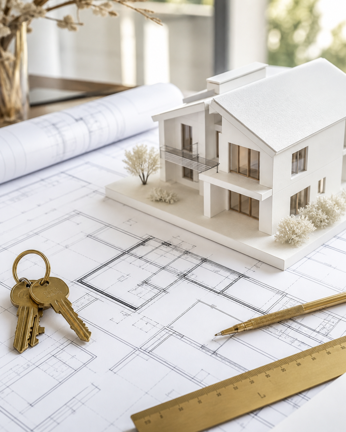 Architectural plans and a scale model for a residential project